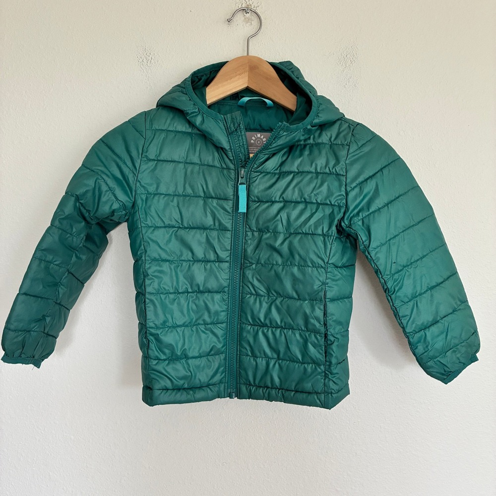 Primary Puffer Jacket Kids Size 4 Green Lightweight Quilted Hooded Zip Coat